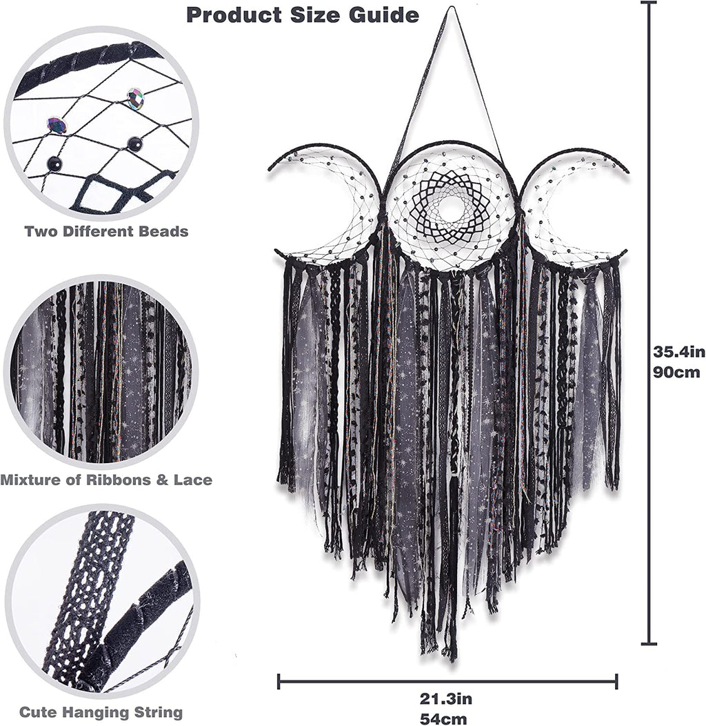 Black Triple Moon Goddess Macrame Wall Hanging, Boho Large Wicca Crescent Dream Catcher, Handmade Unique Bohemian Hippie Woven Pagan Tapestry Decor for Bedroom Nursery Decoration