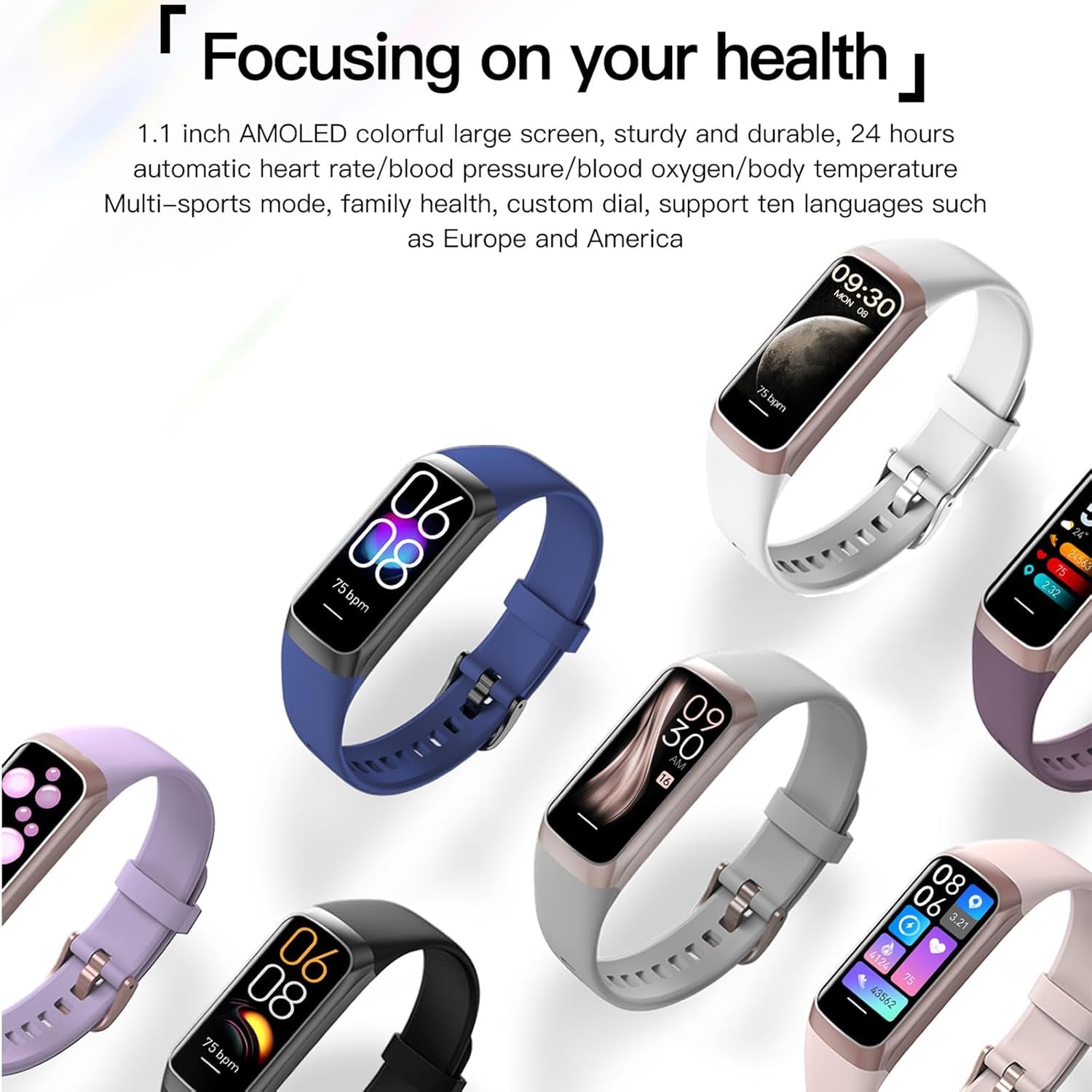 Keep Health Fitness Trackers for Women Men, Amoled Fitness Tracker for Android&Ios, Alarm Stopwatch Fitness Tracker with Blood Pressure Monitor, Calories Burned IP68 Waterproof Fitness Step Tracker