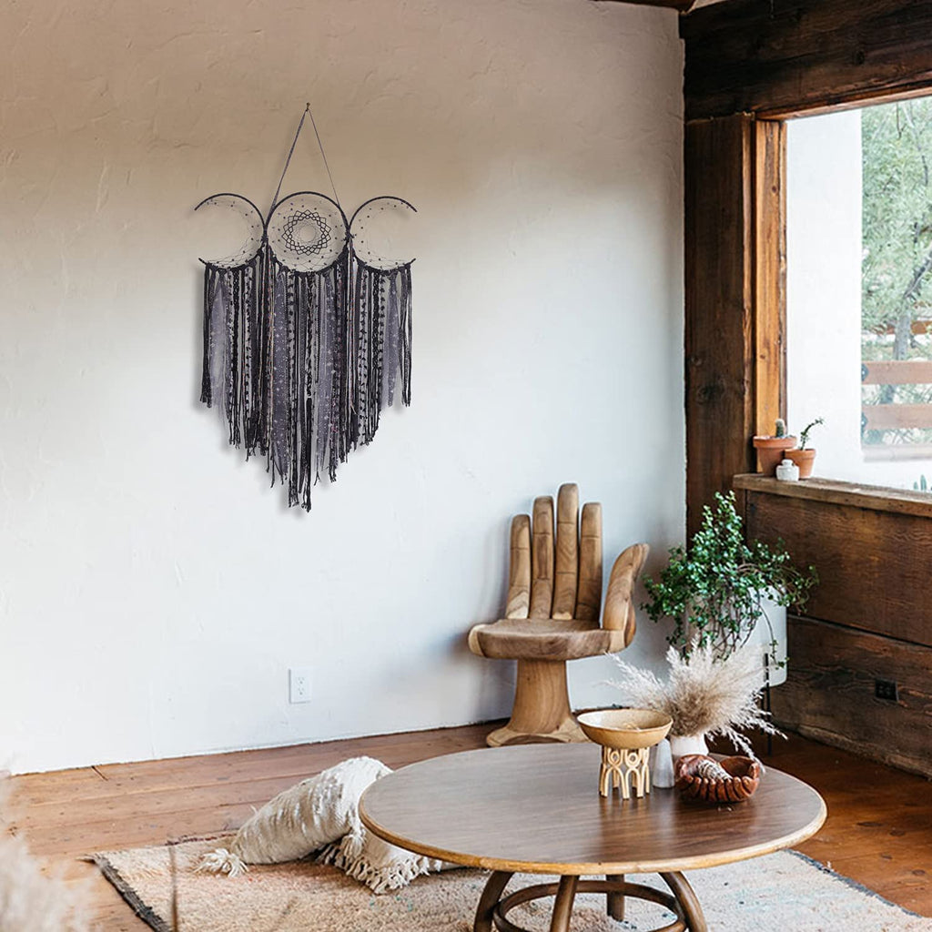 Black Triple Moon Goddess Macrame Wall Hanging, Boho Large Wicca Crescent Dream Catcher, Handmade Unique Bohemian Hippie Woven Pagan Tapestry Decor for Bedroom Nursery Decoration