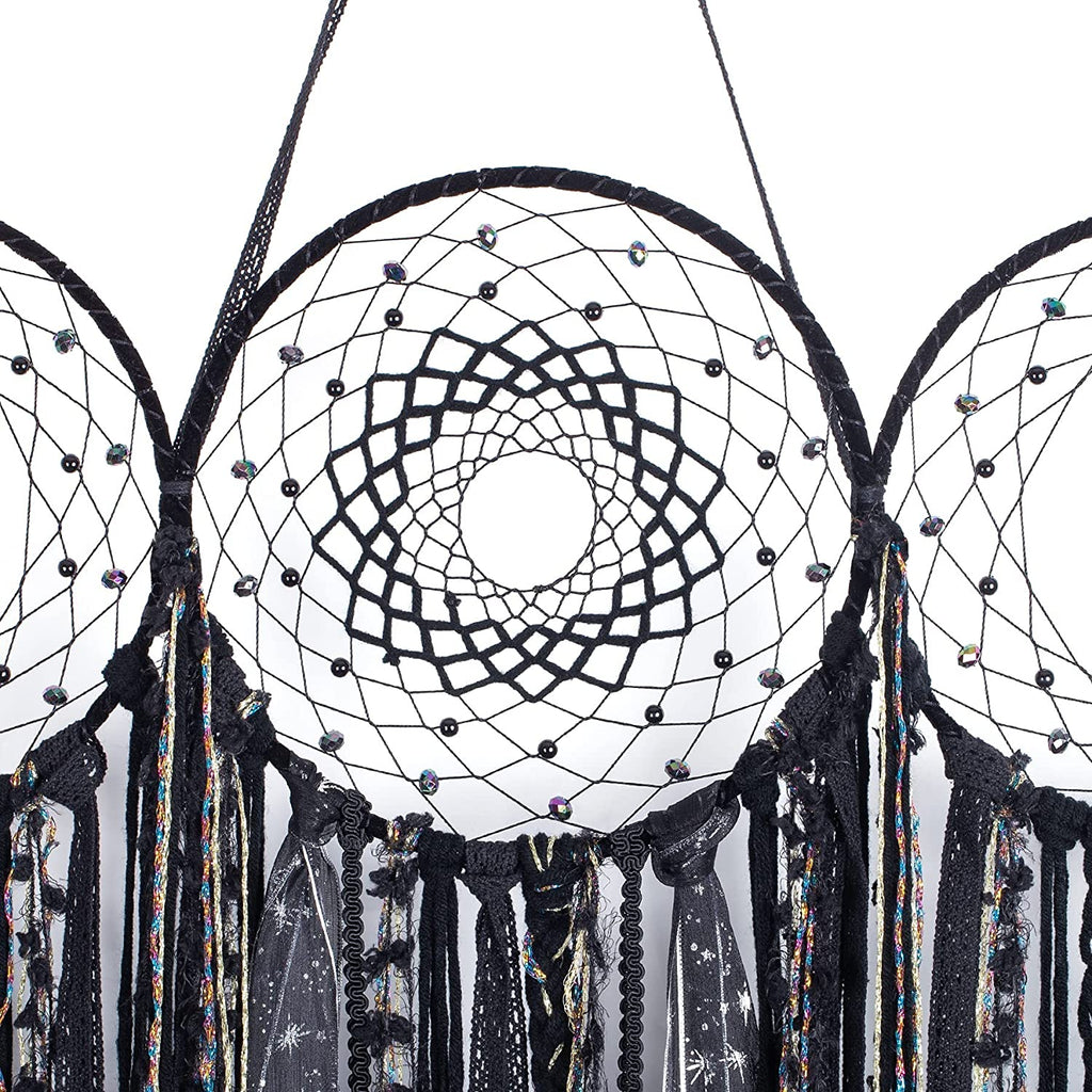 Black Triple Moon Goddess Macrame Wall Hanging, Boho Large Wicca Crescent Dream Catcher, Handmade Unique Bohemian Hippie Woven Pagan Tapestry Decor for Bedroom Nursery Decoration