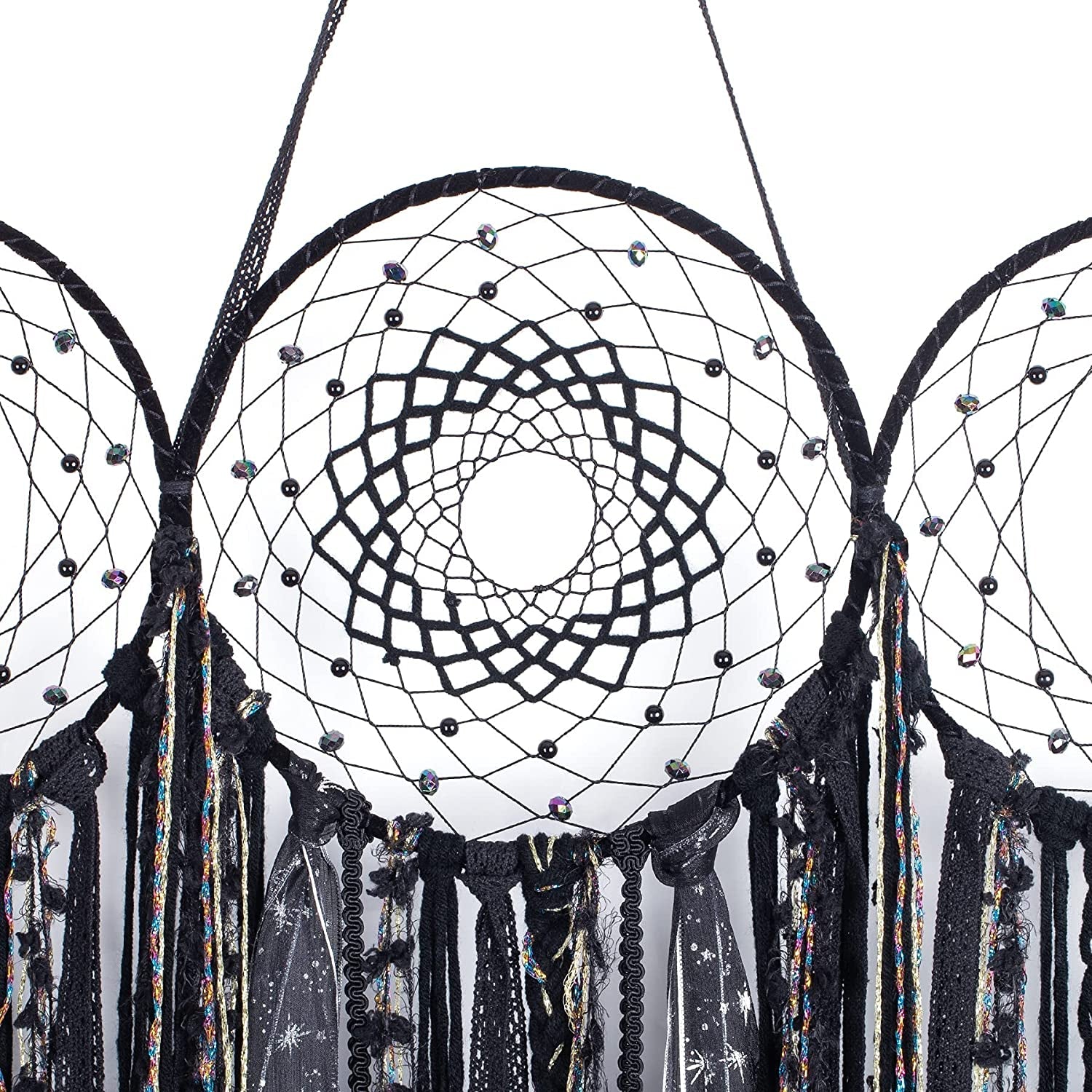 Black Triple Moon Goddess Macrame Wall Hanging, Boho Large Wicca Crescent Dream Catcher, Handmade Unique Bohemian Hippie Woven Pagan Tapestry Decor for Bedroom Nursery Decoration