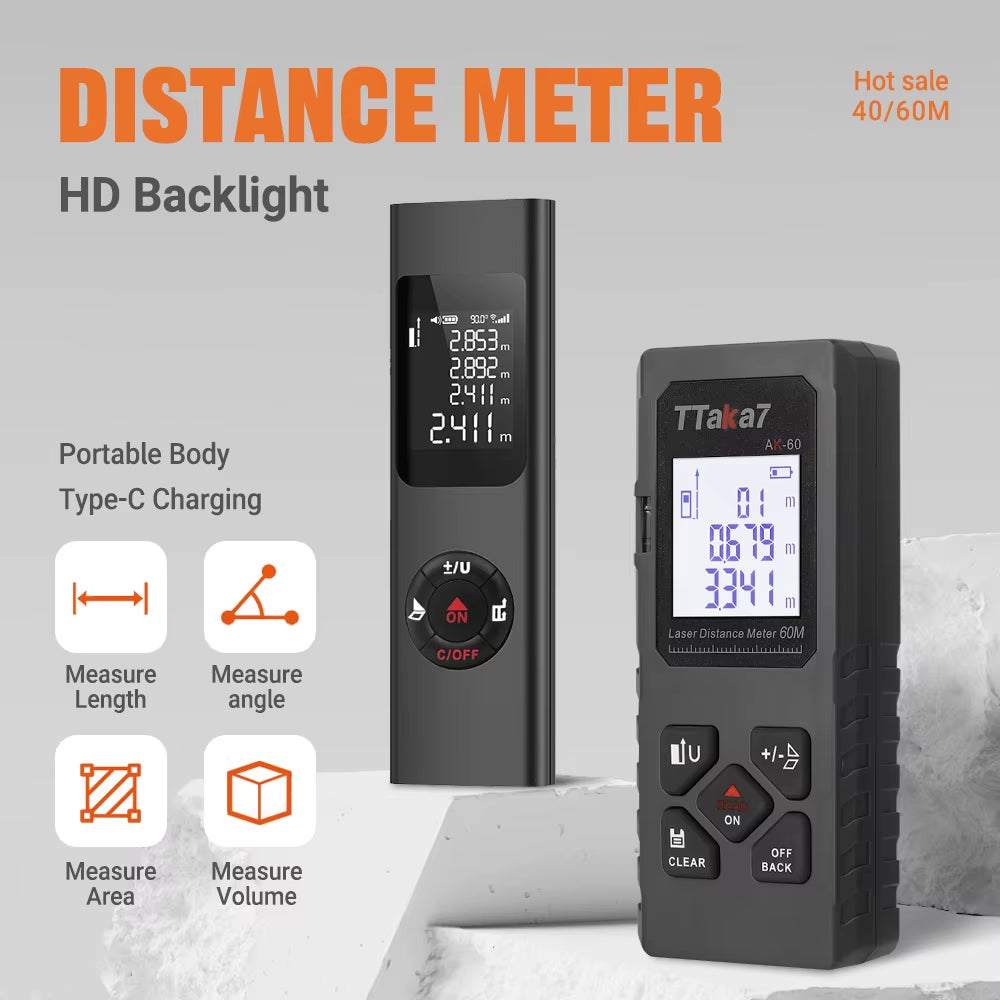 SmartMeasure 40M/60M Mini Laser Distance Meter – USB Rechargeable Handheld Rangefinder for Accurate Measurements